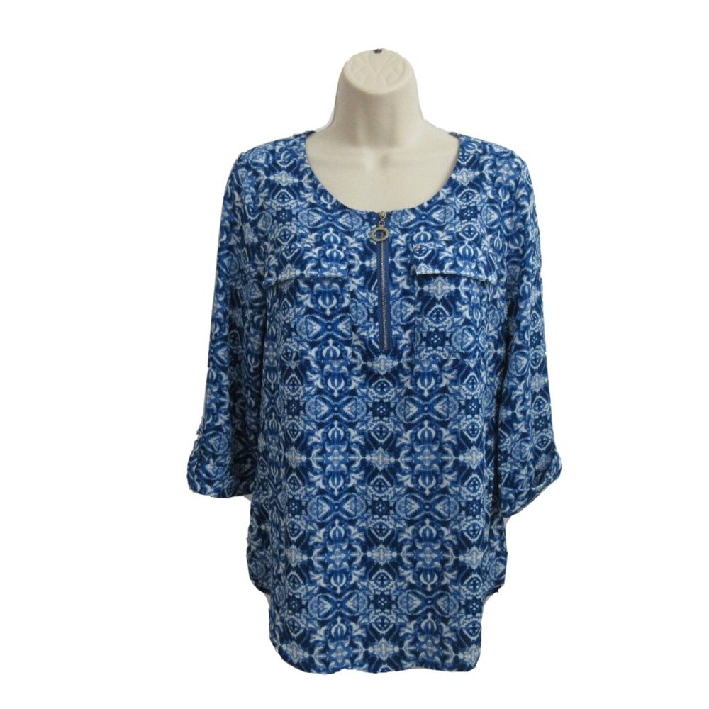Croft & Barrow Top Blouse Size Small Blue Geometric 3/4 Rolled Sleeve Pullover